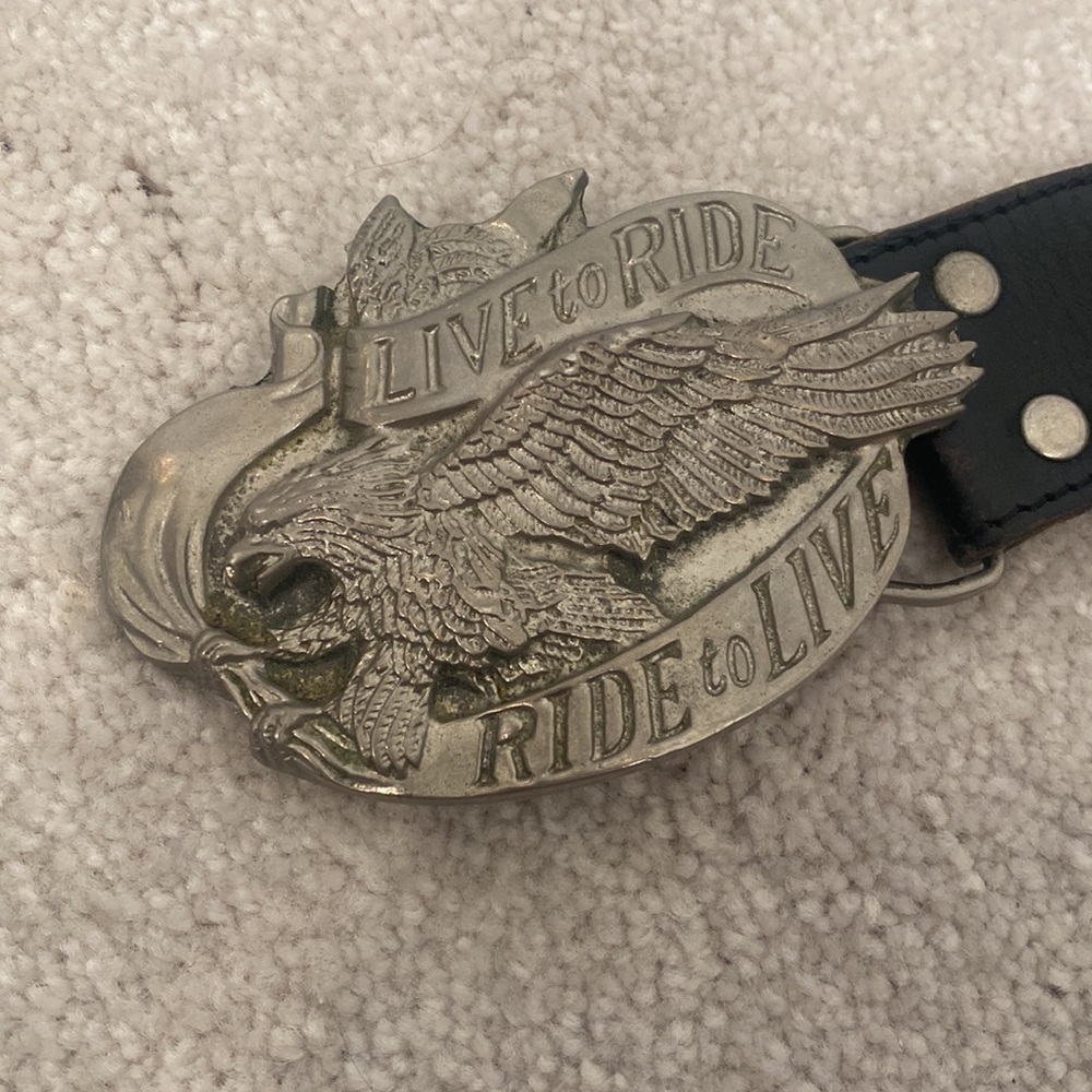 Harley Motto Eagle Buckle Hand Tooled Leather Belt vintage - Picture 4 of 4